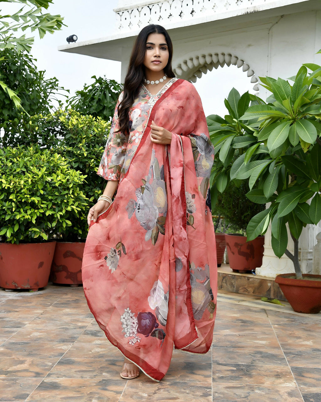 Vaasva Women's Rust Tissue Gota Embroidered Suit Set With Solid Pant And Embroidered Dupatta