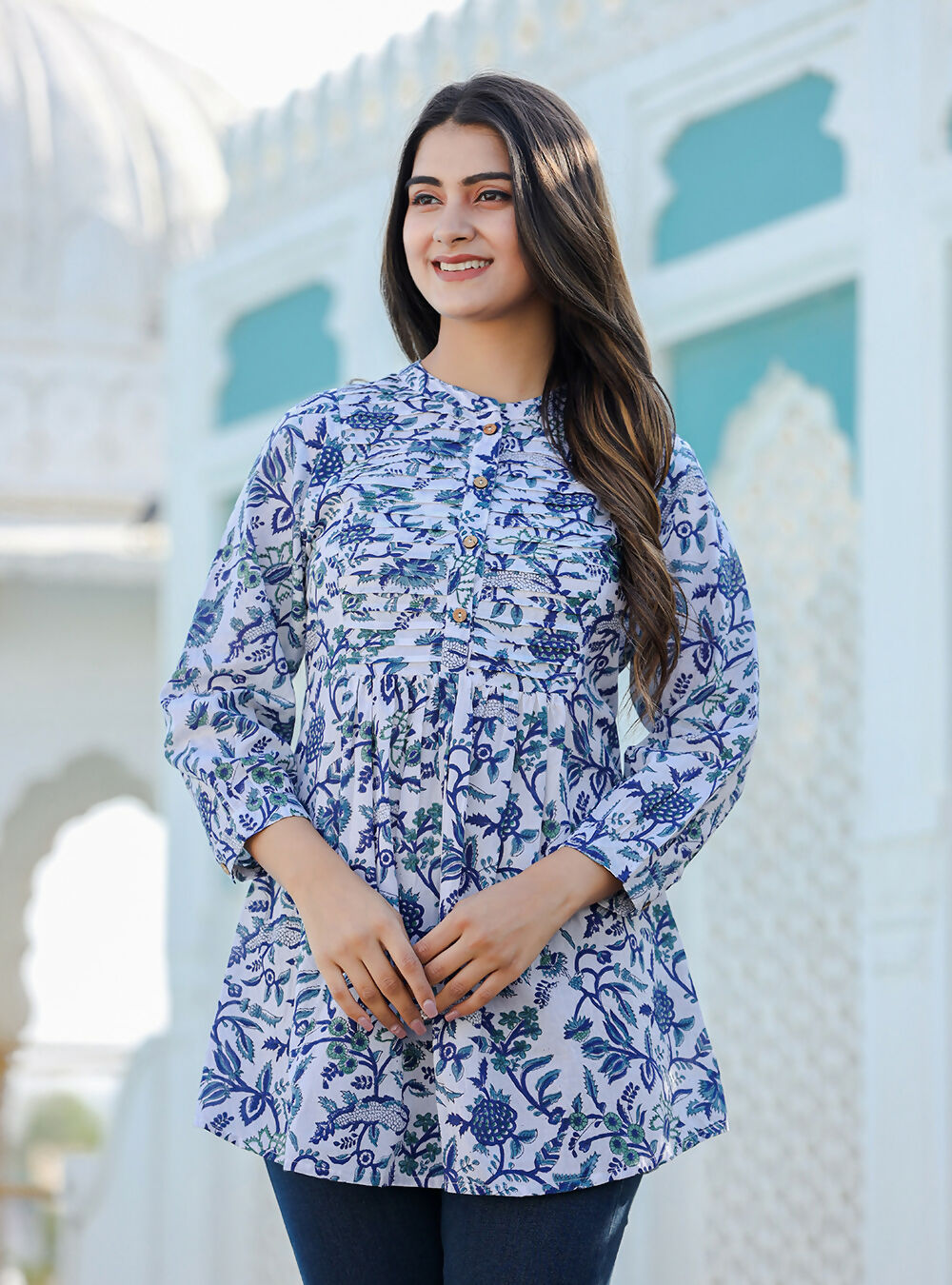 Kaajh Women's White-Blue Hand Block Printed Cotton Top