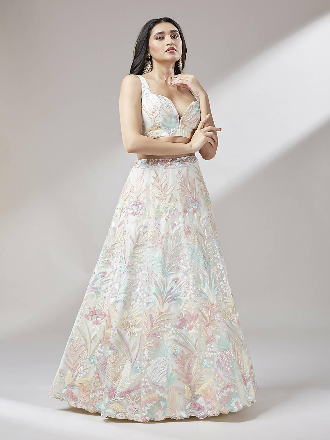 House of Panchhi Cream Net Sequinse Work Lehenga & Blouse with Dupatta