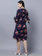 Myshka Women Navy Blue Pink Floral Print A-line Dress - Distacart