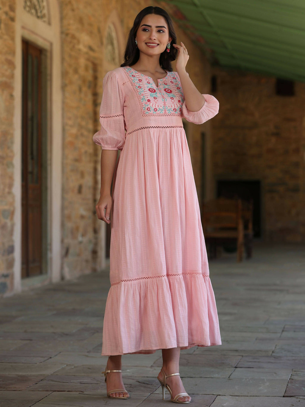 Juniper Women's Pink Cotton Dobby Embroidered Flared Dress - Distacart