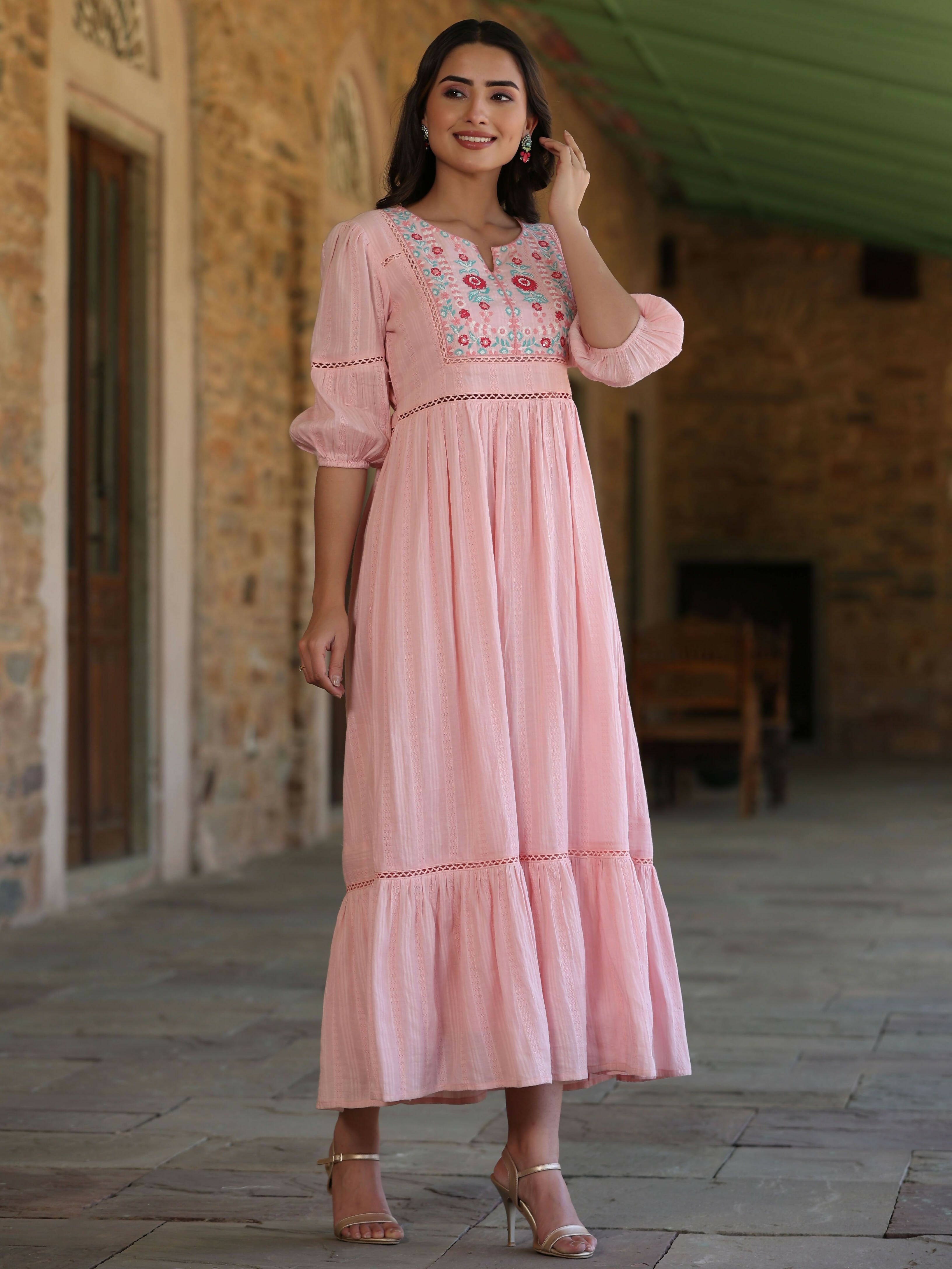 Juniper Women's Pink Cotton Dobby Embroidered Flared Dress - Distacart