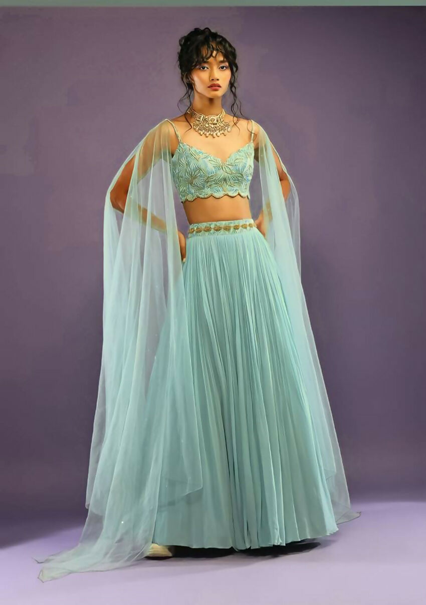 Jyoti Fashion Glamorous Turquoise Crush Work, Sequins, Zari with Dori Embroidered Faux Georgette Lehenga Choli with Dupatta