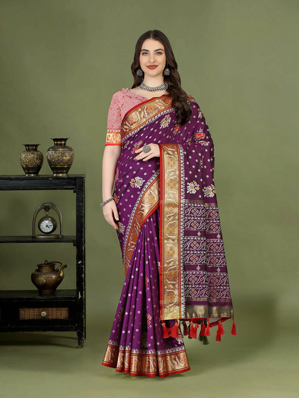 Lorenvalley Fashion Purple Patola Silk Woven Design Zari Meenakari Weaving Saree