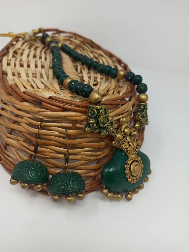 Terracotta Dark Green Crown Pendant Long Necklace Set Paired with Hanging Temple Jhumkas