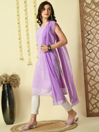 Myshka Women's Lavender Georgette Sleeveless Straight Party Kurta With Dupatta Set