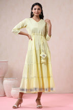 Juniper Yellow Solid Pure Cotton Solid Tiered Maxi Dress With Gota Work Dori Tie-Up & Cushioned Tassels At Waist - Distacart
