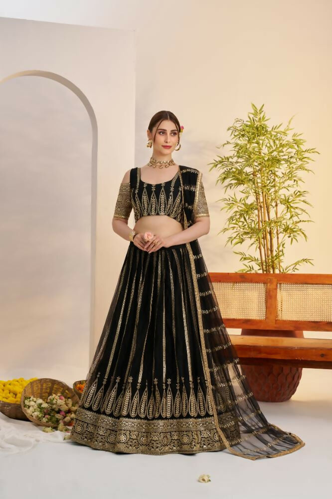 Aastha Fashion Black Butterfly Net Zari Work And Cotton Thread Work And Sequence Work Embroidery Wedding Wear Lehenga Choli
