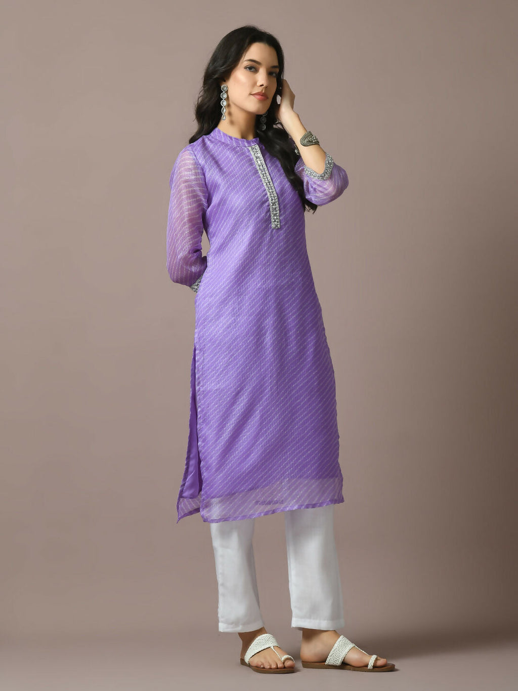 Myshka Women's Lavender Printed Cotton Blend Straight Party Kurta Set