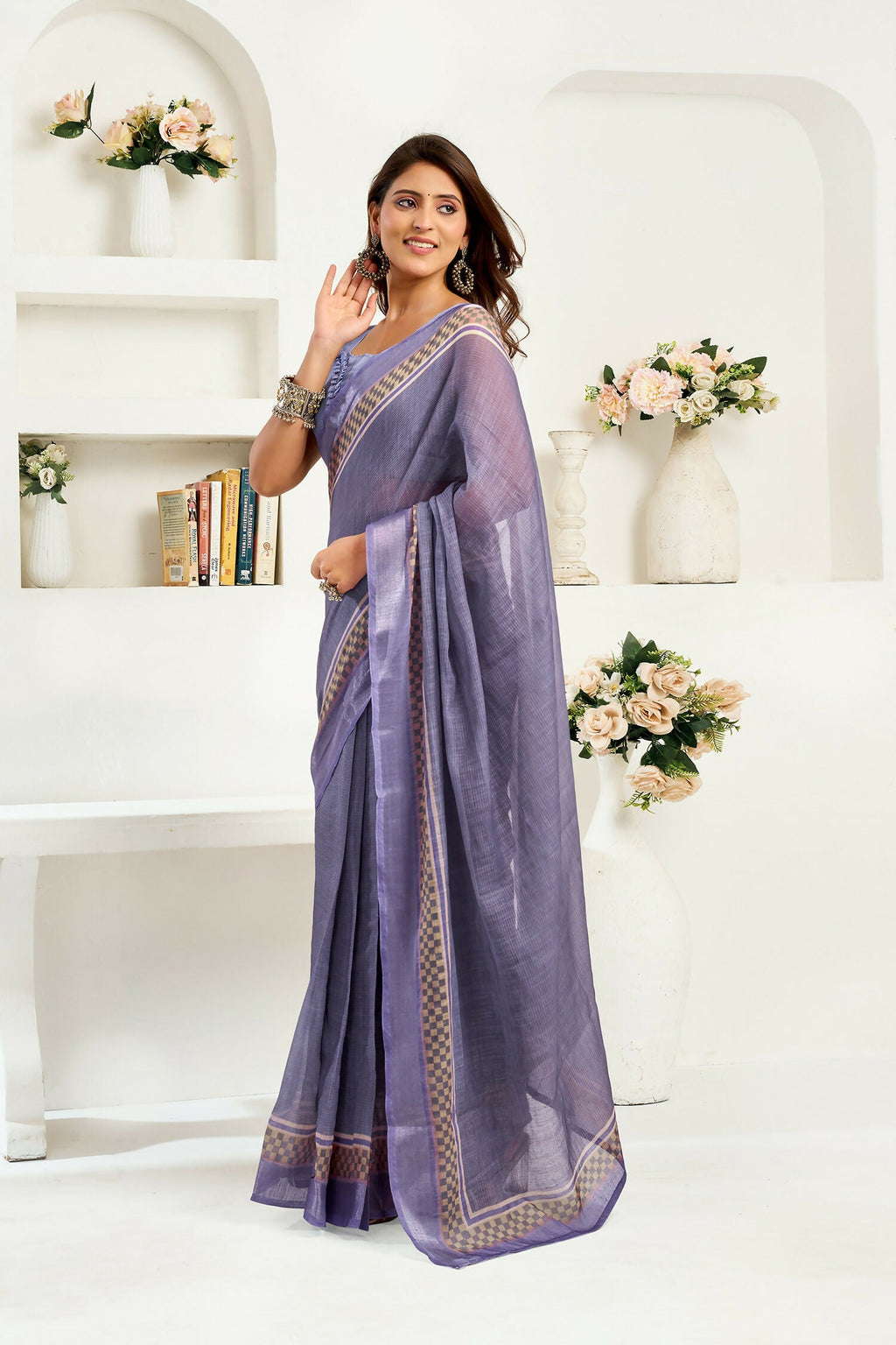 Joban Fashion Lavender Striped Linen Ready To Wear Saree With Unstitched Blouse - Distacart