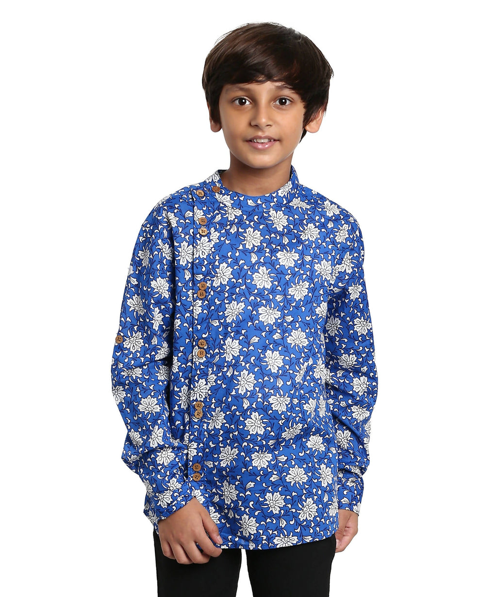 Manet Boys Full Sleeves Flower Printed Ethnic Shirt - Blue