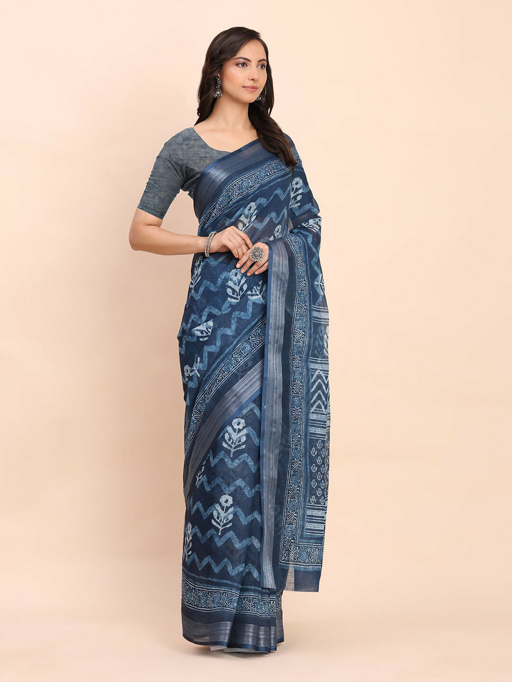 Shree Shyam Fashion Linen Cotton Indigo Blue Saree - Distacart