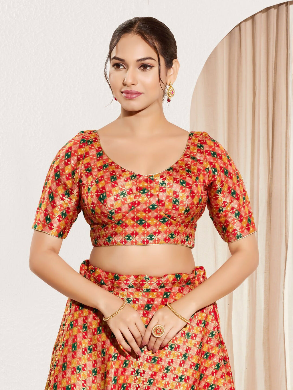 Joban Fashion Red Jacquard Padded Blouse With Round Neck Elbow Sleeves - Distacart