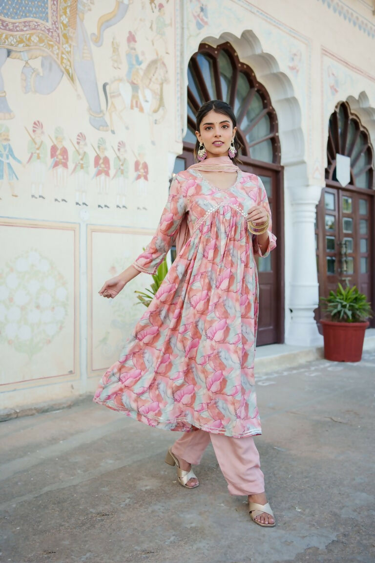 Vaasva Women Peach Muslin Embroidered Kurta, Pant & Dupatta Set