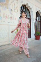 Vaasva Women Peach Muslin Embroidered Kurta, Pant & Dupatta Set