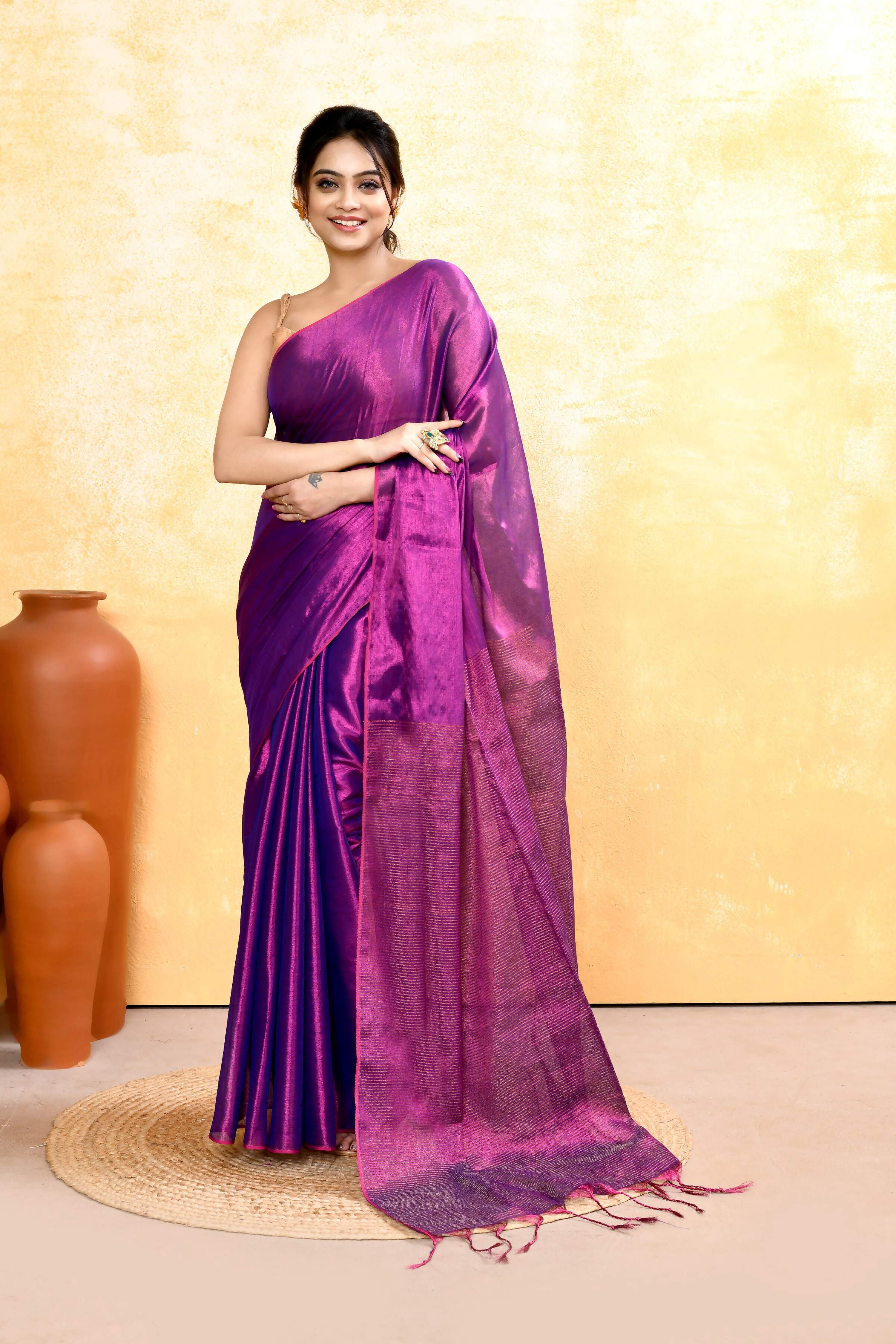 Piyari Fashion Women's Violet Dual Tone Organic Tissue Saree With Blouse Piece - Distacart