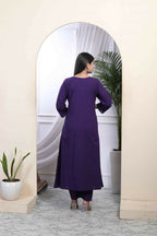 Miravan Women's Purple Embroidered Sweetheart Neck & Accordion Pleated Solid A-Line Kurta And Palazzo Set