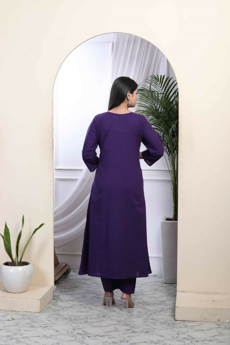 Miravan Women's Purple Embroidered Sweetheart Neck & Accordion Pleated Solid A-Line Kurta And Palazzo Set