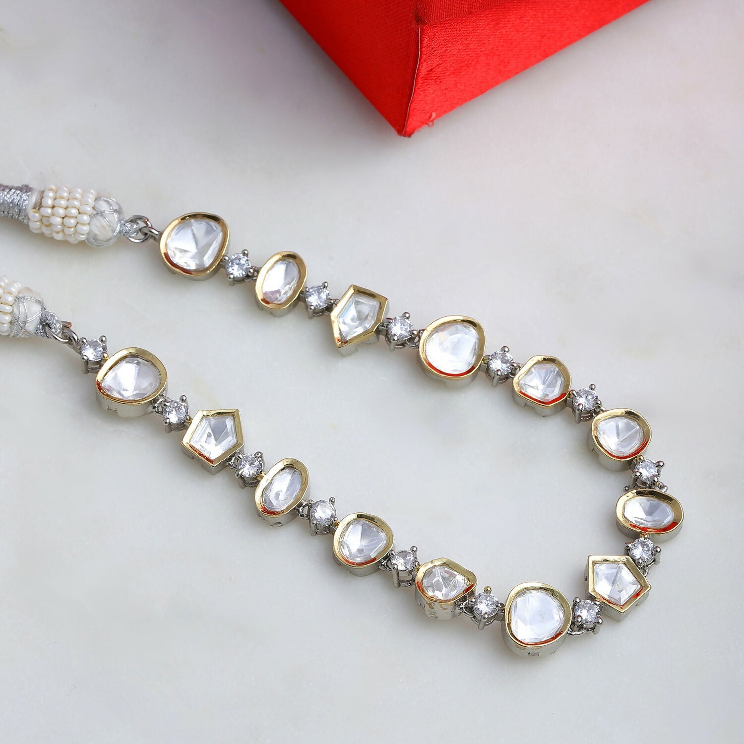Kundan and Diamond Neckpiece (Silver) - Ruby Raang