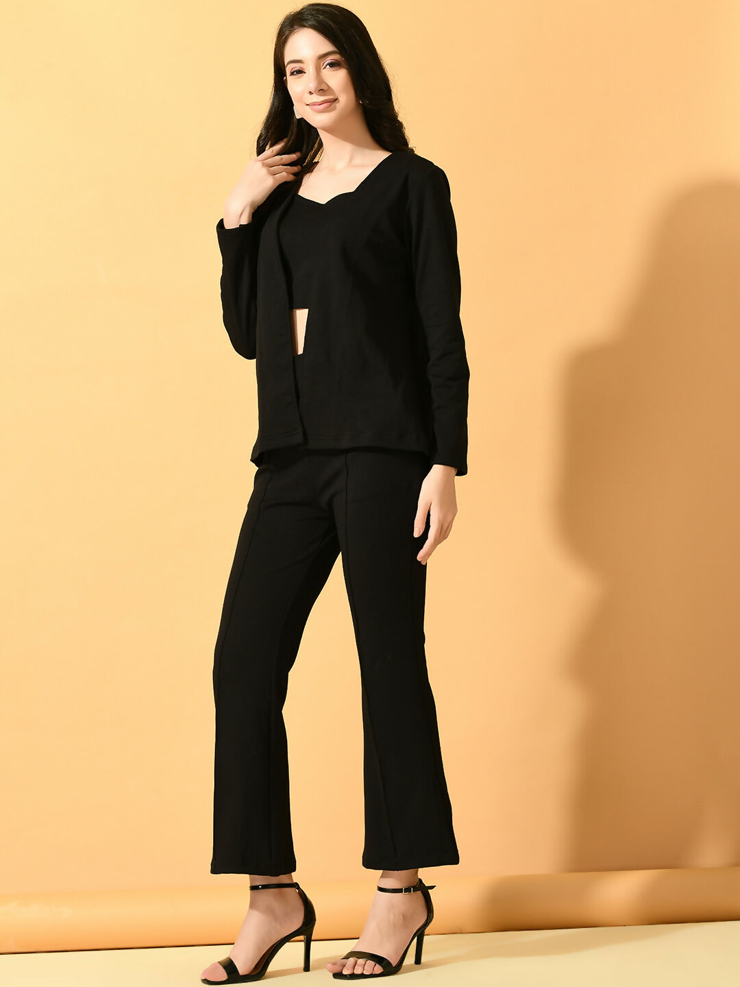 Myshka Women's Black Solid Coat With Trousers
