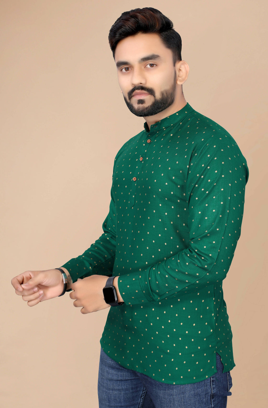 Mens Green Viscose Foil Print Kurta - Mahotsav