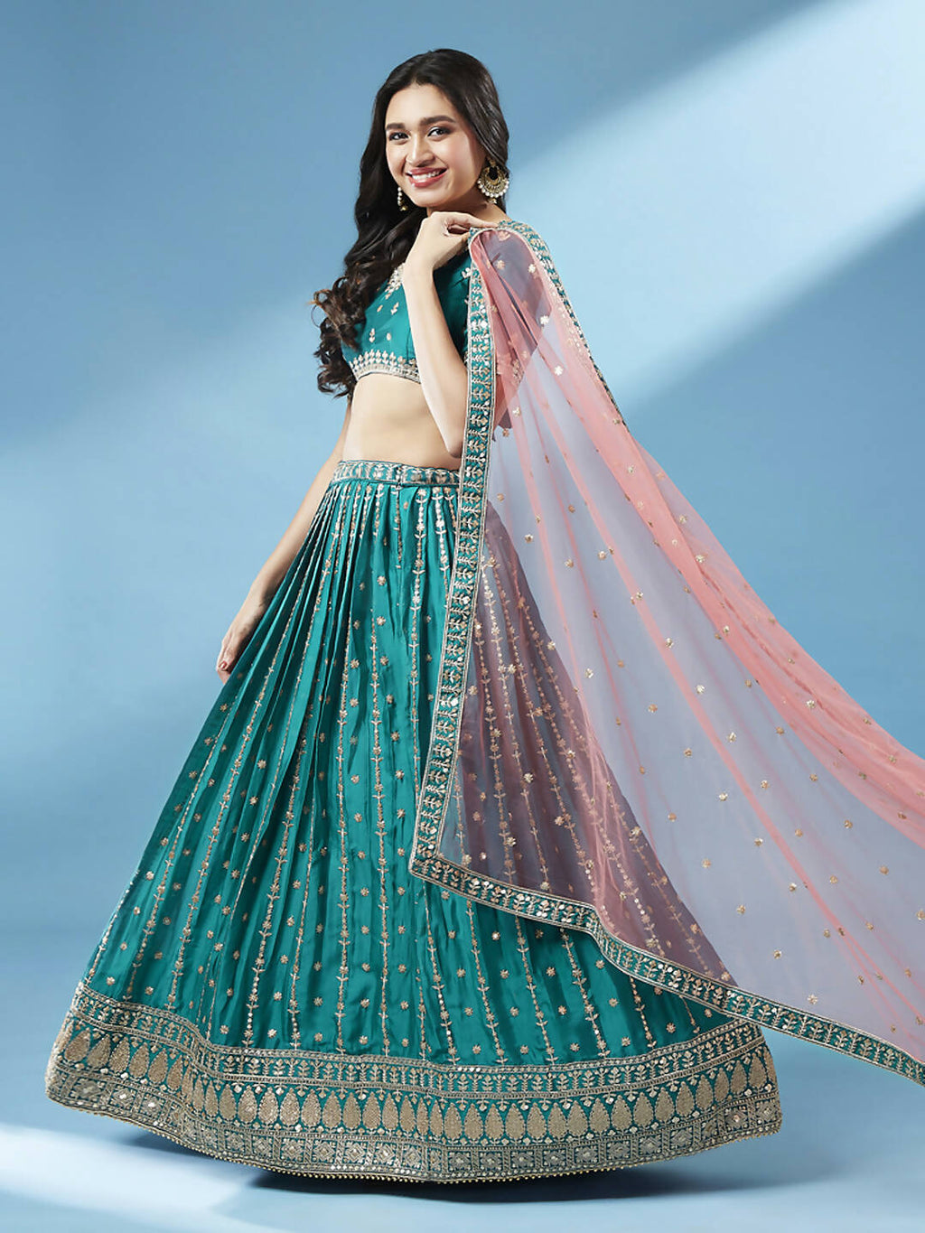 House of Panchhi Green Pure Georgette Sequins Embroidered Lehenga