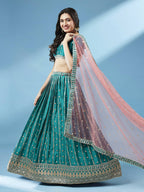 House of Panchhi Green Pure Georgette Sequins Embroidered Lehenga