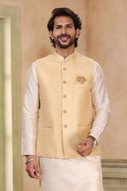 Raivat Ethnic Jacquard Banarasi Silk Woven Work 3 Pics Jacket Set In Beige Colour - Distacart