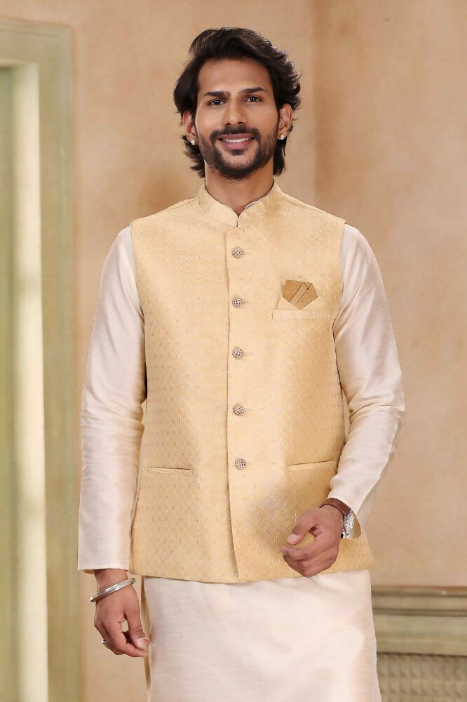 Raivat Ethnic Jacquard Banarasi Silk Woven Work 3 Pics Jacket Set In Beige Colour - Distacart
