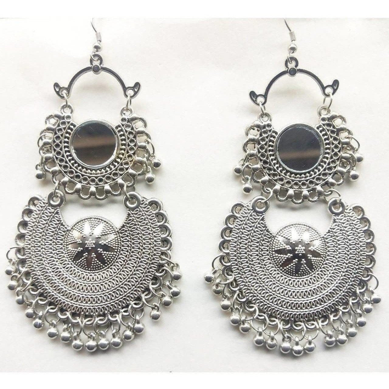 Double Silver Color Chandbali Modern Design Earrings