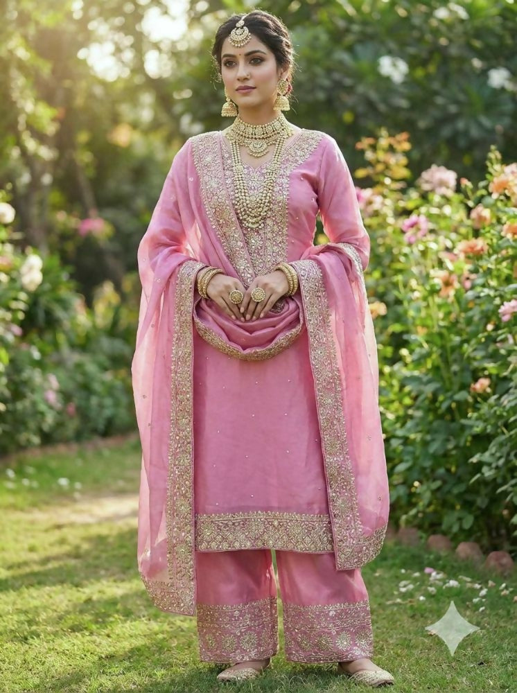 Teeya Creation Baby Pink Color Fendy Silk Embroidery Work Wedding Wear Salwar Suit - Distacart