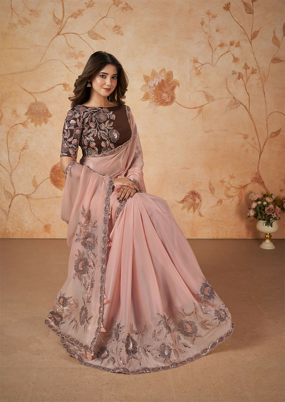 Peach Crepe Satin Silk Thread, Sequence, Cord Embroidered with Stone Work Saree - Mohmanthan Dakshika