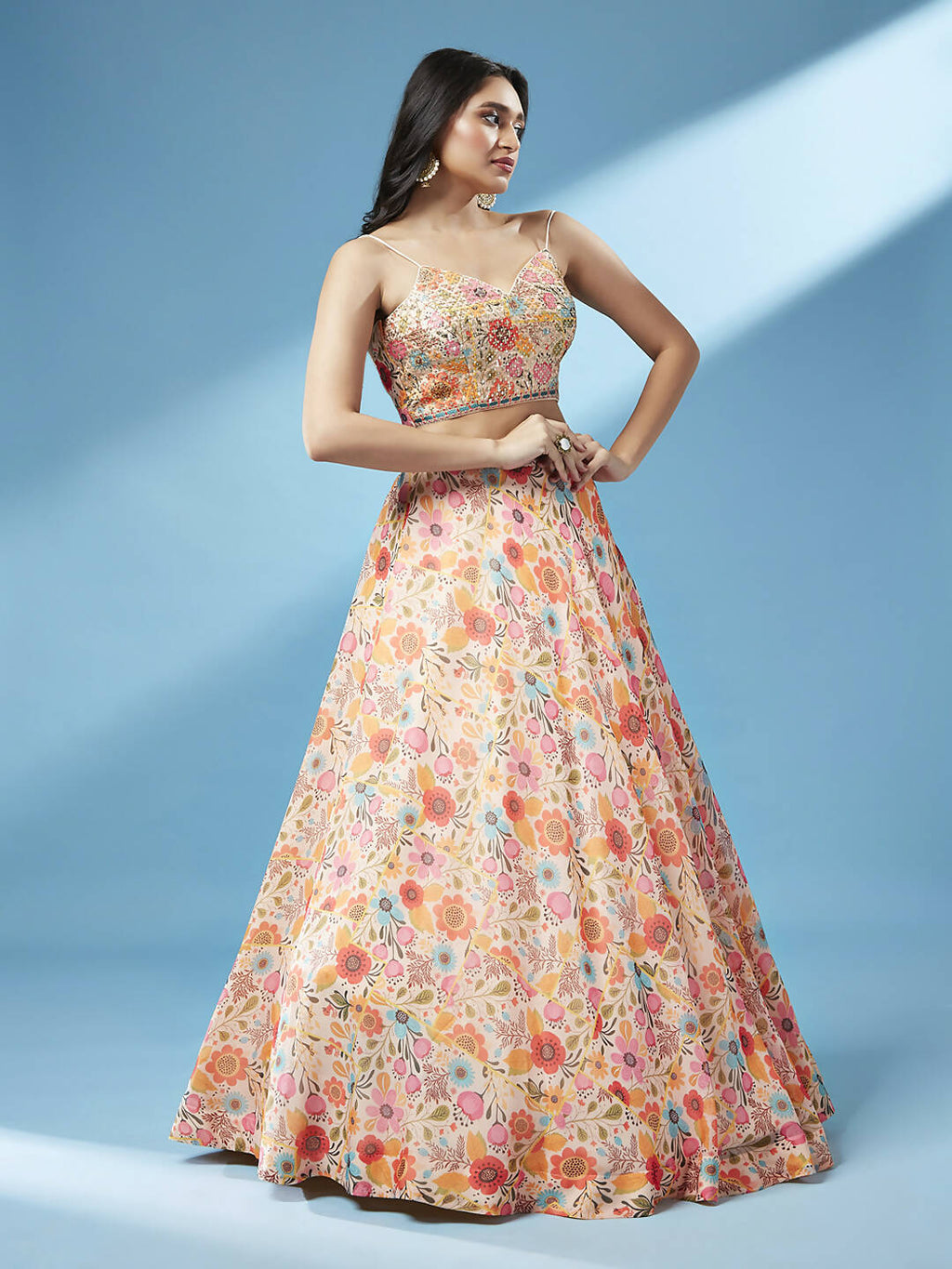 House of Panchhi Orange Organza Floral Printed Lehenga choli & Dupatta