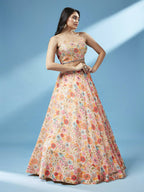 House of Panchhi Orange Organza Floral Printed Lehenga choli & Dupatta