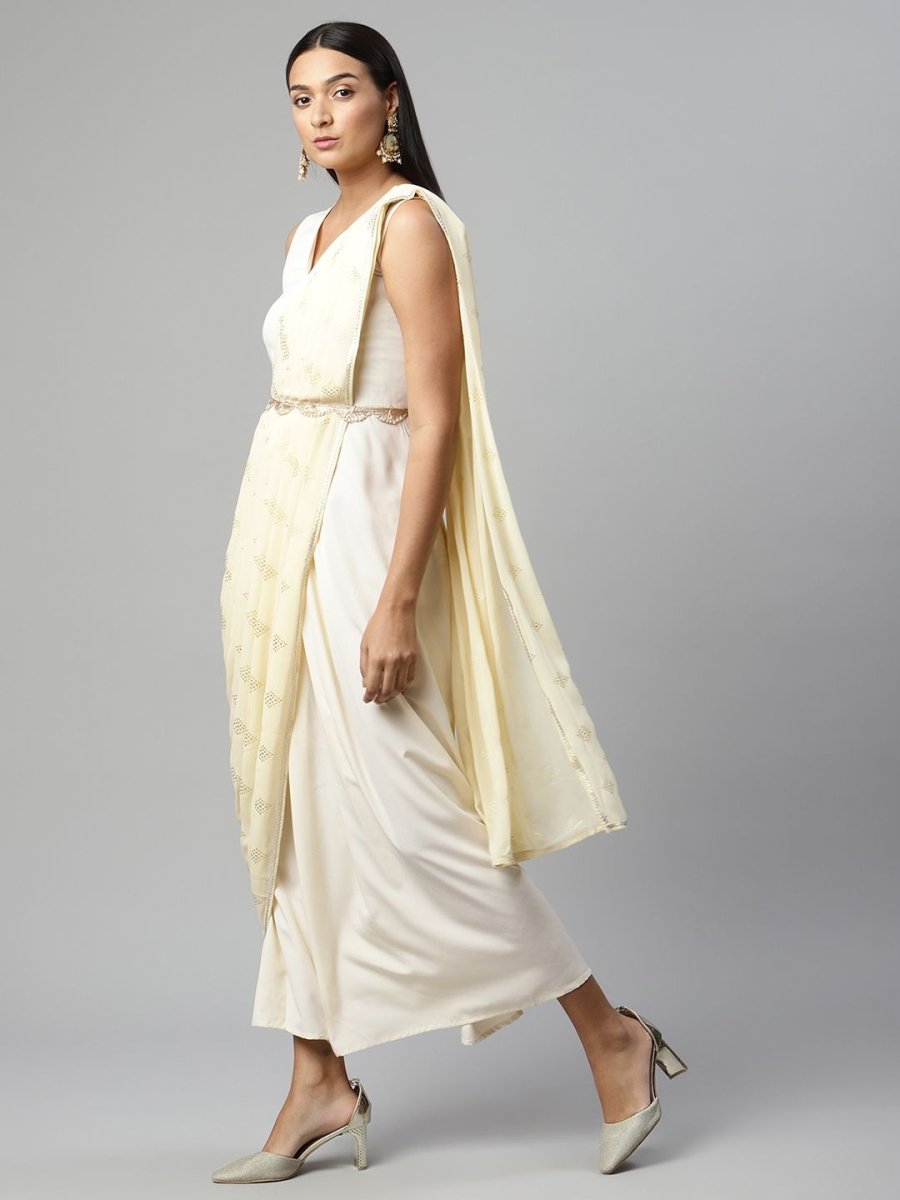 Ahalyaa Women Off White Crepe Georgette Saree Dress With Printed Pallu - Distacart