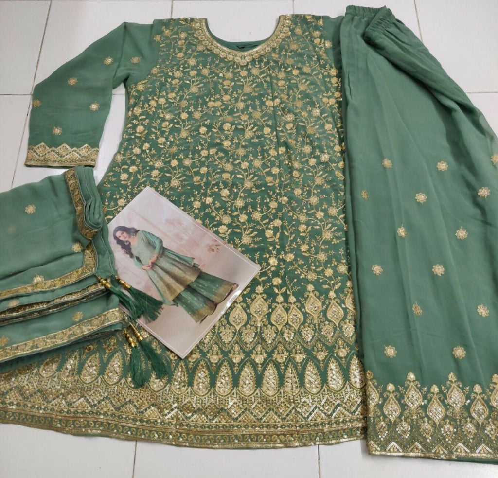Anaita Green Heavy Fox Georgette Stitched Suit with Sequence Work - Distacart