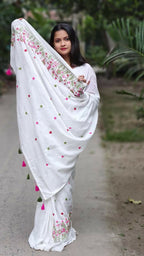 Exclusive Collection White Pure Cotton Handloom Embroidered Saree