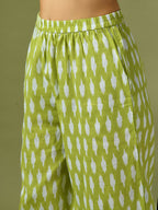 Myshka Women's Green Printed Cotton Round Neck Party Tunic With Trousers Co-ord set