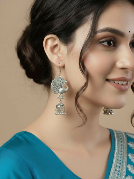 NVR Women Peacock Design German Silver Oxidised Jhumka Earrings