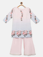 Ahalyaa Pink Crepe Floral Print Kids Kurta Sharara Set With Dupatta For Girls