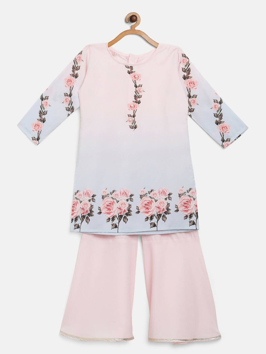 Ahalyaa Pink Crepe Floral Print Kids Kurta Sharara Set With Dupatta For Girls