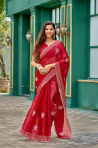 Vastranavya Red Embroidery Work Shimmer Chiffon Saree with Unstitched Blouse - Distacart