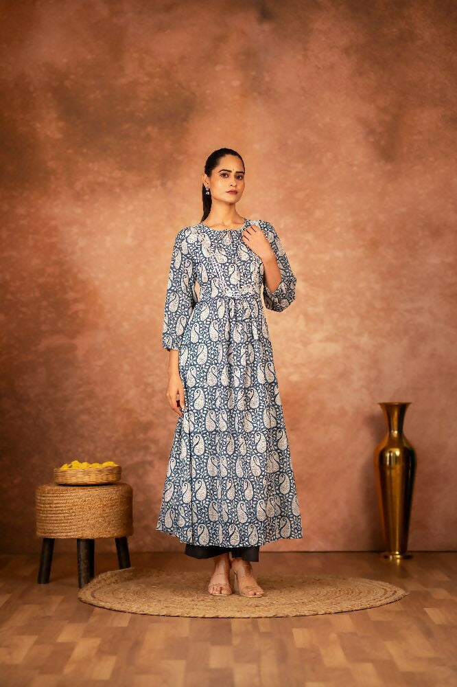 Joban Fashion Blue Floral Hand Block Printed Cotton Kurta Pant Set - Distacart