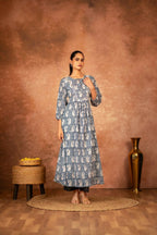 Joban Fashion Blue Floral Hand Block Printed Cotton Kurta Pant Set - Distacart