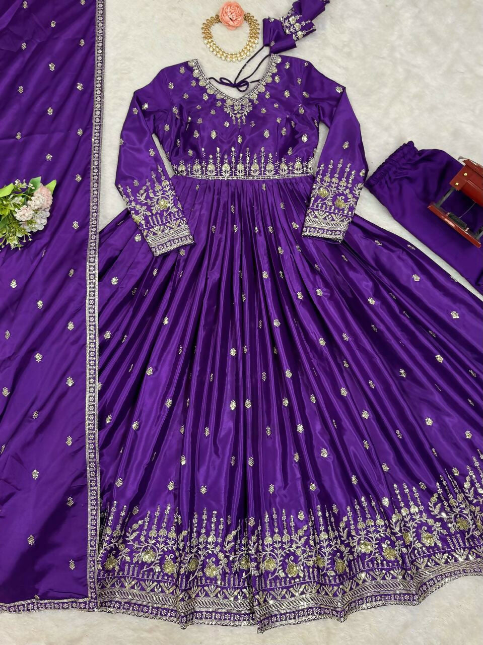 The52 Women's Beautiful American Silk Fabric Embroidery Work Flared Anarkali Pant and Dupatta Set - Distacart