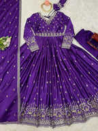 The52 Women's Beautiful American Silk Fabric Embroidery Work Flared Anarkali Pant and Dupatta Set - Distacart