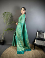 Joban Fashion Rama Green Floral & Paisley Motifs Soft Satin Silk Banarasi Saree - Distacart