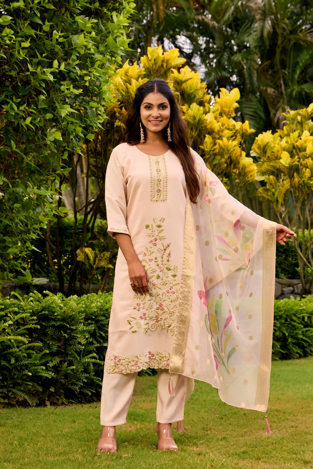 The52 Women's Beautiful Embroidery Work Roman Fabric Straight Kurta Pant and Dupatta Set - Distacart