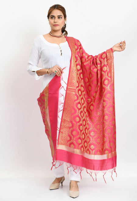Mominos Fashion Moeza Women's Banarsi Silk All Over Woven Design Pink Dupatta