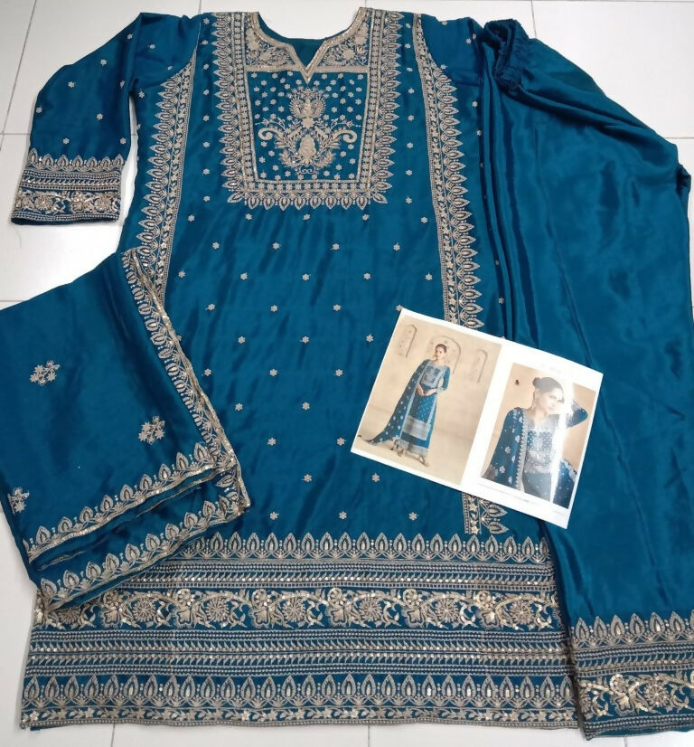 Vastranavya Teal Chinon Silk Embroidered Sequins Pakistani Straight Plaazo Suit